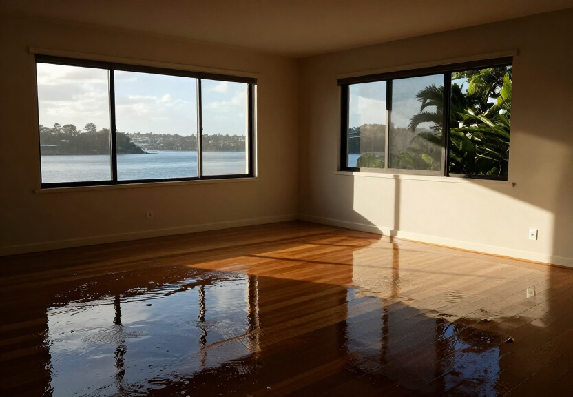 Flood damage in a Wentworth Point apartment before restoration